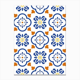 Blue And Orange Floral Pattern - Azulejo - vector tiles, Portuguese tiles Canvas Print