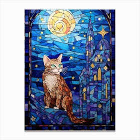 Stained Glass Of A Cat Under The Moonlight And Stars Canvas Print