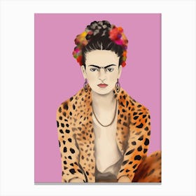 Frida Kahlo Leopard Print, Pastel Pink, Minimalistic kreativ Art Canvas Print