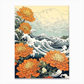 Great Wave With Marigold Flower Drawing In The Style Of Ukiyo E 4 Canvas Print