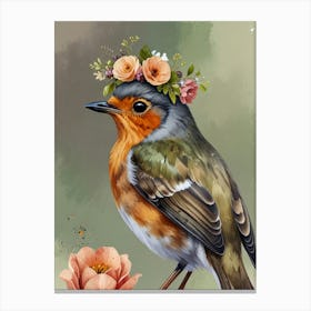 Robin With Flowers Canvas Print