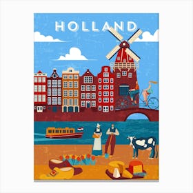 Amsterdam, Netherlands/Holland — Retro travel minimalist poster, retro travel art, retro travel wall art, vector art 1 Canvas Print