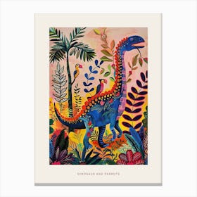 Colourful Blue Dinosaur With Parrots Poster Canvas Print