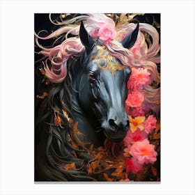 Black Horse With Flowers Canvas Print