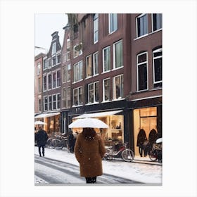 Amsterdam cafes, winter season, Christmas, autumn oil colors, pale colors, pedestrians in the street, winter clothes, falling snow.6 3 Lienzo