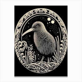 B&W Bird Linocut Kiwi 3 Canvas Print