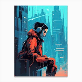 Futuristic Girl In Headphones, cyberpunk Canvas Print