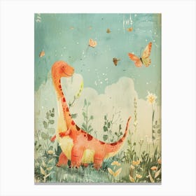 Dinosaur Playing With Butterflies Storybook Style Canvas Print