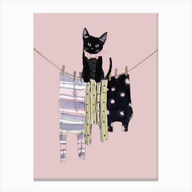 Black Cat On Clothesline Canvas Print