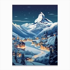 Winter Travel Night Illustration Zermatt Switzerland 1 Canvas Print