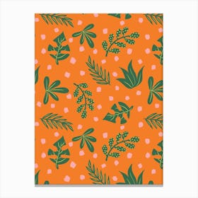 Scattered Retro Green Tropical Leaves and Peach Polka Dots on Orange Canvas Print