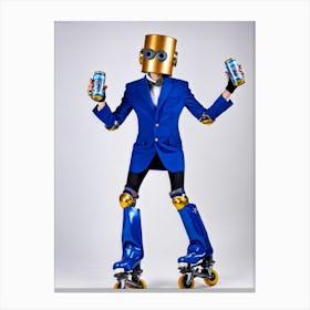 Scared Robot Sporting A Quirky Disguise Of Vibrant Cobalt Blue And Gold Balancing On Inline Roller Canvas Print