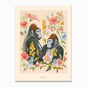 Folksy Floral Animal Drawing Gorilla 5 Poster Canvas Print