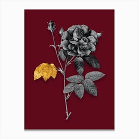 Vintage French Rose Black and White Gold Leaf Floral Art on Burgundy Red Canvas Print