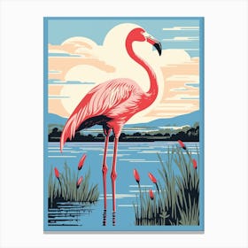 Vintage Bird Linocut Greater Flamingo 3 Canvas Print