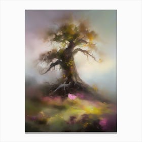 Oak tree, fine work of art, misty atmosphere, green meadow..18 Canvas Print