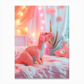 Pink Plushie Dinosaur Listening To Music In Bed Canvas Print