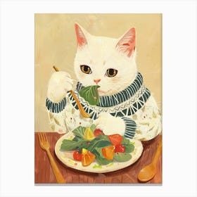 White Cat Salad Lover Folk Illustration 3 Canvas Print