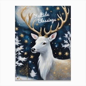Yuletide Blessings Stag by Sarah Valentine ~ Blessed Yule Christmas Xmas Greetings Gold and Stars Winter Fae Animals Snow Scene Canvas Print
