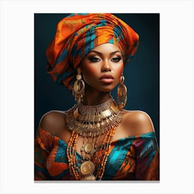 Beautiful And Sexy Black Woman Wearing Blue and Orange with Gold Accessories and A Matching Headdress Illustration 8 Canvas Print