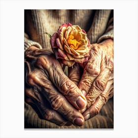 A Weathered Hand Gently Cradling A Blooming Flower Canvas Print