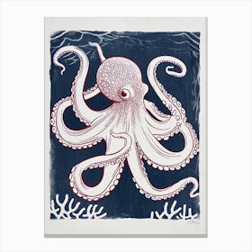 Octopus Linocut Style With Aqua Marine Plants 7 Canvas Print
