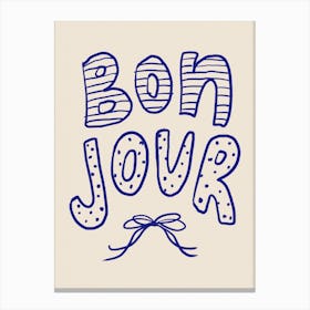 Bonjour. French Whimsical Bow Line Art. Typography Canvas Print