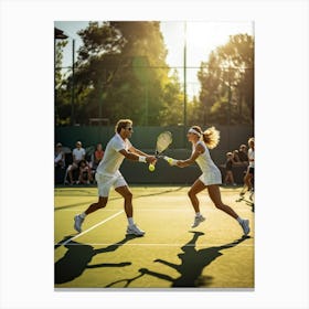 An Energetic Tennis Match In Progress At An Outdoor Courts Players Lobbing Yellow Tennis Balls With (7) Canvas Print