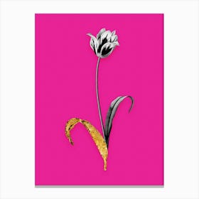 Vintage Didiers Tulip Black and White Gold Leaf Floral Art on Hot Pink n.0476 Canvas Print