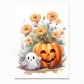 Cute Ghost With Pumpkins Halloween Watercolour 111 Canvas Print