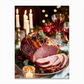 An Entregouted View Of A Glazed Spiced Pork Ham Festooned With A Crown Of Cloves Set On A Lavish C (1) 1 Canvas Print