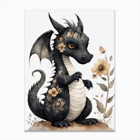 Cute Black Baby Dragon Flowers Painting (7) Canvas Print