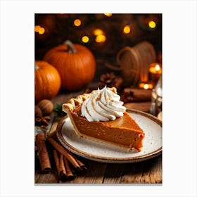 Close Up Top View Of Pumpkin Pie Slice Topped With Whipped Cream Resting On A Wooden Table Surroun (1) Canvas Print