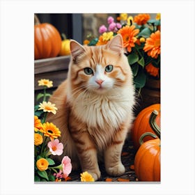 Orange Cat With Pumpkins Canvas Print