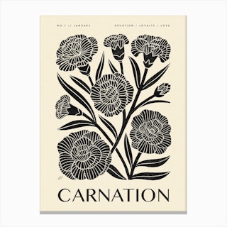 Rustic January Birth Flower Carnation Black Cream Canvas Print
