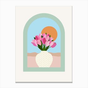 Tulips In A Vase - Pink Blue Green Floral Canvas Print