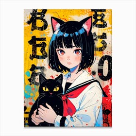 Sakura Girl With Black Cat Canvas Print