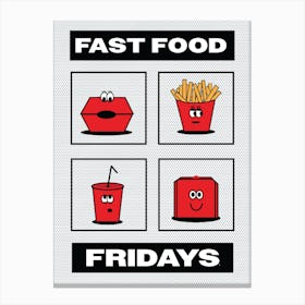 Fast Food Fridays - Retro - Mascots - Food - Burger - Fries - Pizza - Cold drinkIllustration - Kitchen - Dining Room - Takeaway - White Canvas Print