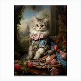 Blue & Pink Rococo Style Painting Of A Cat 3 Canvas Print