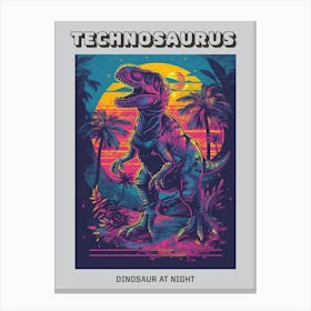 Neon Dinosaur At Night In Jurassic Landscape 2 Poster Canvas Print