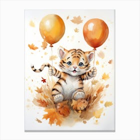 Tiger Flying With Autumn Fall Pumpkins And Balloons Watercolour Nursery 3 Canvas Print