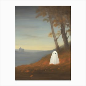 Cute Ghost Autumn Fall Castle Landscape, Halloween Spooky 2 Canvas Print
