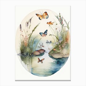 Butterflies On Lake Watercolour Ink 1 Canvas Print