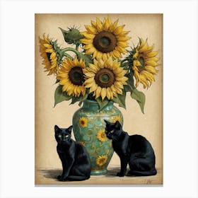 Black Cats With Sunflowers Canvas Print