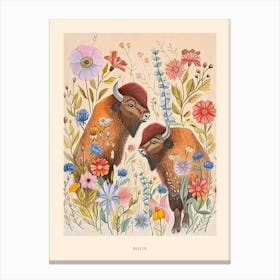 Folksy Floral Animal Drawing Bison 3 Poster Canvas Print