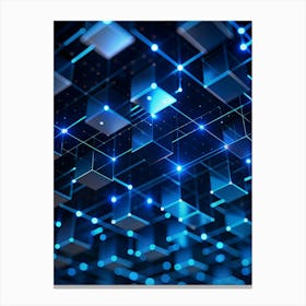 Abstract 3d Rendering Of A Network Of Interconnected Cubes With Glowing Blue Lines And Nodes In A Dark, Digital Space Canvas Print