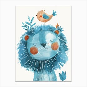 Small Joyful Lion With A Bird On Its Head 7 Canvas Print