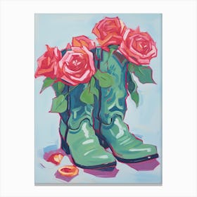 A Painting Of Cowboy Boots With Roses Flowers, Fauvist Style, Still Life 4 Canvas Print