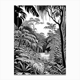 Penang Botanic Gardens, Malaysia Linocut Black And White Vintage Canvas Print