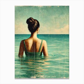 A Painting In A Vintage Oil Painting Style, Showing The Back Of A Woman With Dark Hair In A Bun, Wearing A Green Swimsuit. Canvas Print